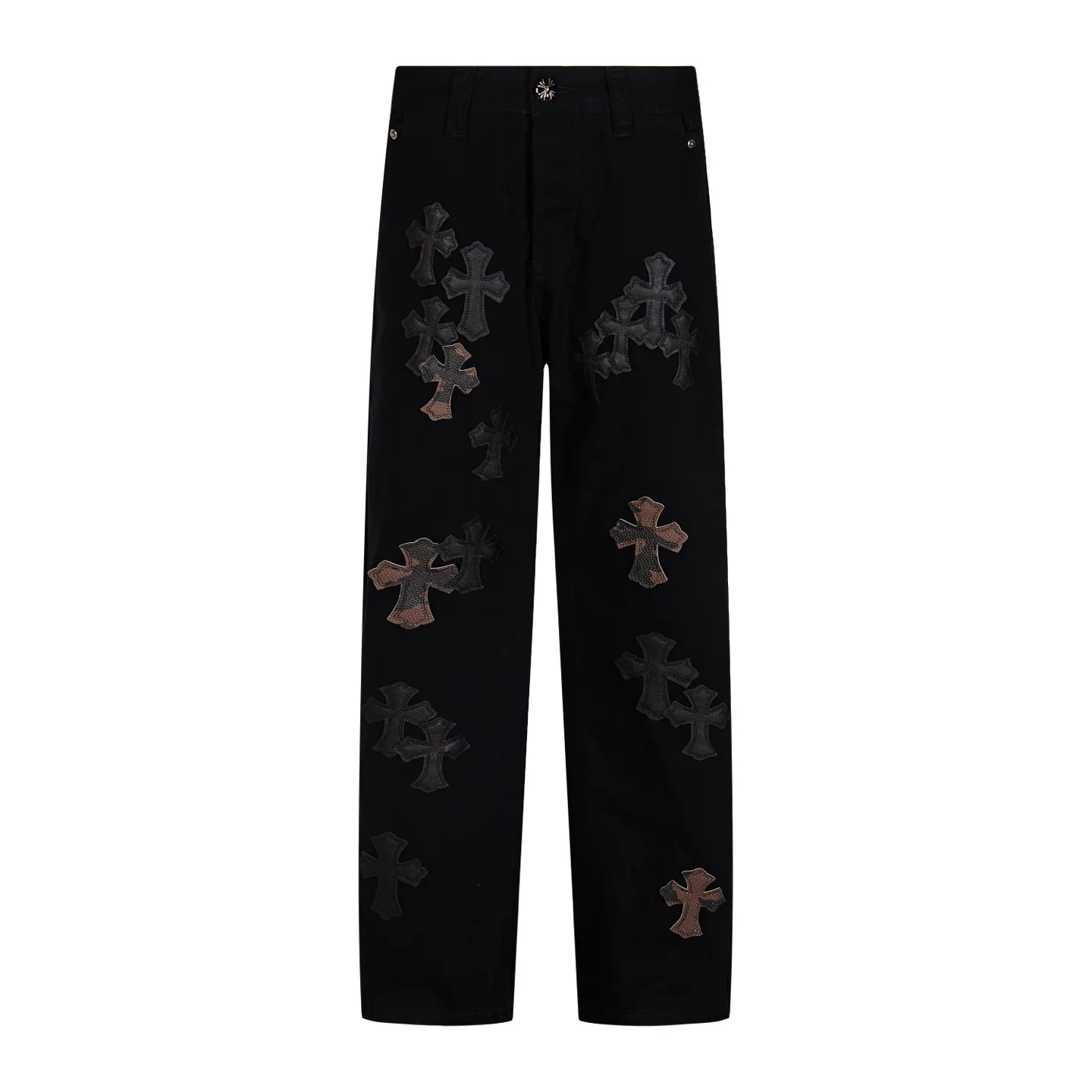 P260 Chrome Hearts丨Chrome Hearts Black and Brown Camouflage Cross Patched Leather Jeans - Full of exploring the ultimate in fashion, Chrome Hearts' new Chrome Hearts pants cleverly integrate camouflage crosses, camouflage crosses and other elements to break traditional boundaries. Mattyboy's clever fusion of overalls and khaki jeans, the same style, brings endless matching inspiration to fashionistas! Whether it is daily wear or a trendy try, these pants can bring you an excellent fashion experience. Style number: 1753# Color: casual black Size: 28 30 32 34